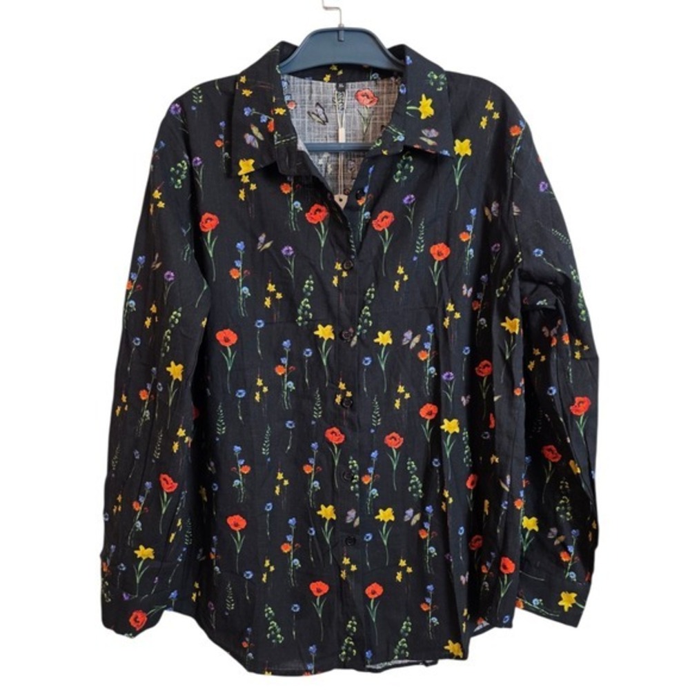 Unbranded Button-Up Blouse Women XL Black Floral Butterfly Pleated Babydoll Back - Picture 2 of 14